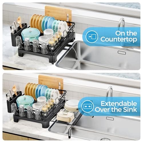 Extendable Kitchen Dish Drying Rack, Black, 2-in-1 Expandable Over Sink Strainer & Drainer