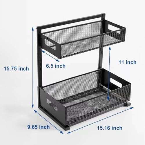 2-Tier Metal Under Sink Organizer, Slide Out Cabinet Storage, Black