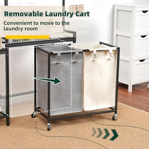 2-Section Laundry Hamper with Shelf & Sorter, 12.4 Gal Removable Bags, Black JLH004B