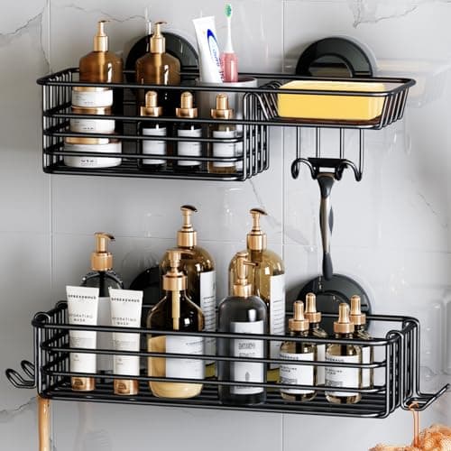 Leverloc 2 Pack No-Drilling Shower Organizer with Hooks & Soap Holder, Black