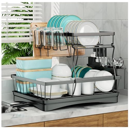 Large Dish Drying Rack for Kitchen Counter with Utensil Holder, 2-Tier Organizer in Black