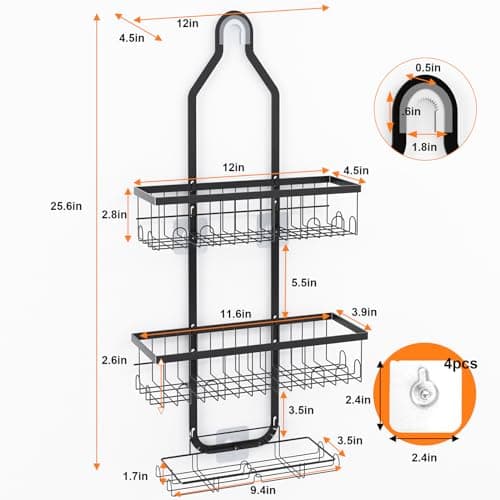 Fixwal Adjustable Height Black Shower Organizer with Hooks and Soap Holders