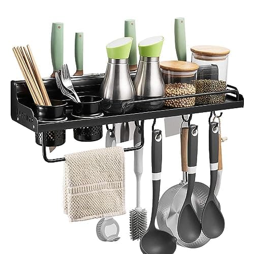 Space-Saving Hanging Spice & Pot Rack with Hooks, Kitchen Utensil Organizer
