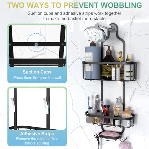 Kadolina Overhead Shower Caddy with Hooks, Black [Patented]