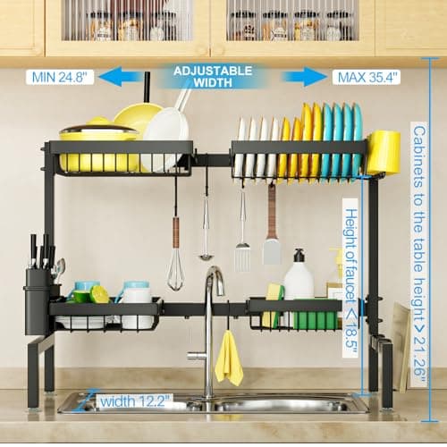 SNSLXH 2-Tier 4-Basket Over Sink Dish Drying Rack, Extensible & Adjustable, Large Kitchen Space Saver