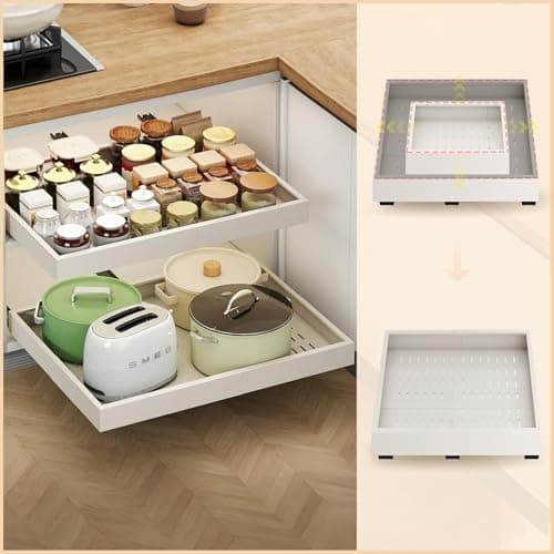 Expandable 2PC Cabinet Organizer, White, Adhesive Sliding Drawers, 14"-21" W, 17"-24" D