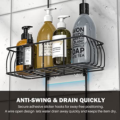 Epicano Anti-Swing Overhead Shower Caddy, Rustproof Hooks, Matte Black