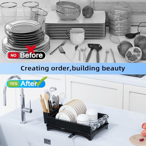 Black Kitchen Counter Dish Drying Rack with Drain & Cutlery Holder