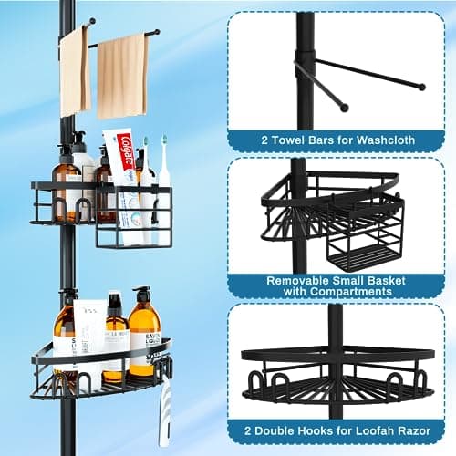 Rustproof Corner Shower Caddy with 4 Large Baskets & Adjustable Shelves (23.6-114.5")