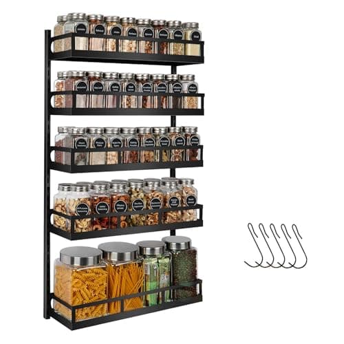 X-cosrack 5-Tier Height-Adjustable Wall Mount Spice Rack Organizer for Kitchen Pantry - Dual-Use Seasoning Holder with Hooks, Black