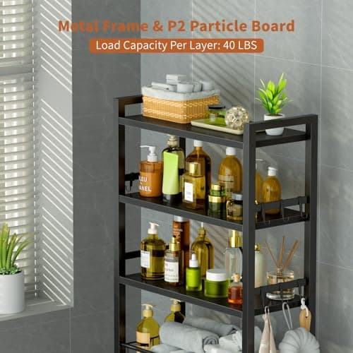 Black Over-The-Toilet Storage with 4 Tiers and 9 Hooks