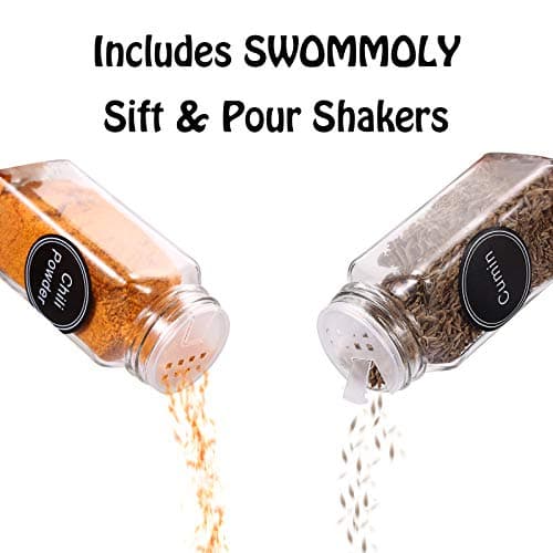 SWOMMOLY Spice Rack Organizer with 18 Square Jars, 396 Labels, Black