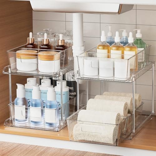 2 Pack Clear 2 Tier Bathroom Organizer with Dividers for Vanity, Kitchen, Closet Storage