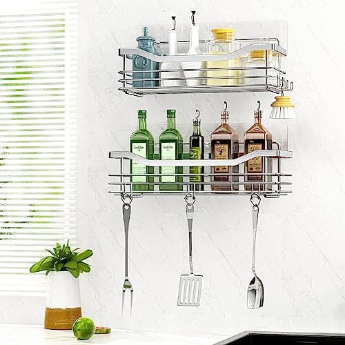 Orimade Rustproof Stainless Steel Shower Caddy 2 Pack - Adhesive Mount, 5 Hooks