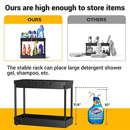 2 Pack Under Sink Organizer - 2 Tier Bathroom and Kitchen Storage Baskets with Hooks, Black