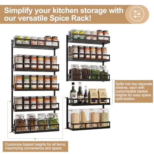 X-cosrack 5-Tier Height-Adjustable Wall Mount Spice Rack Organizer for Kitchen Pantry - Dual-Use Seasoning Holder with Hooks, Black