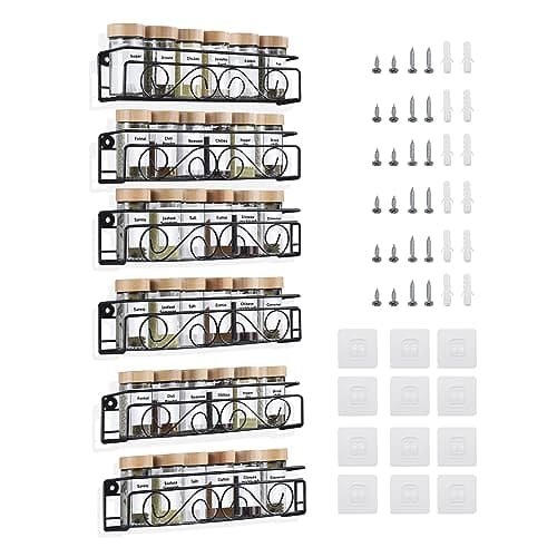 Screw or Adhesive Hanging Spice Rack 6 Pack, 2.5"x2.7"x12", Kitchen Organizer