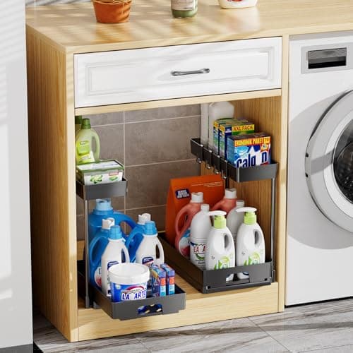 Delamu Under Sink Organizers: 2 Pack L-Shaped Pull-Out Cabinet Storage with Drawer for Bathroom and Kitchen