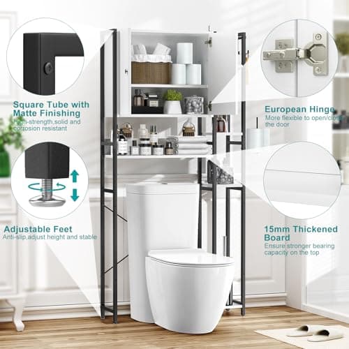 White Non-Slip Freestanding Toilet Cabinet with 4-Tier Shelves & Hooks