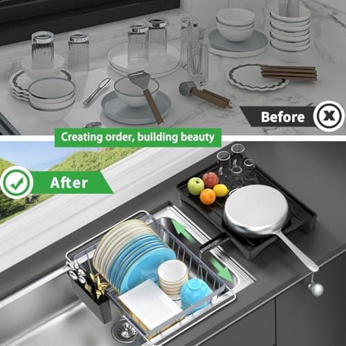 LEMIKKLE Space-Saving Expandable Dish Drying Rack with Cutlery Holder - Grey