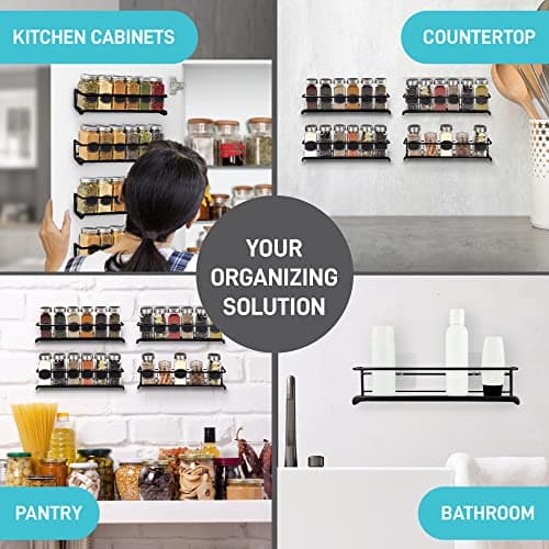 Wall Mount Spice Rack - 4-Tier Iron Organizer for Spice Jars - Space-Saving and Versatile - Black