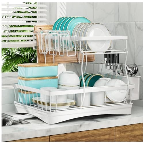 Large Dish Drying Rack for Kitchen Counter with Utensil Holder, 2-Tier Organizer in Black
