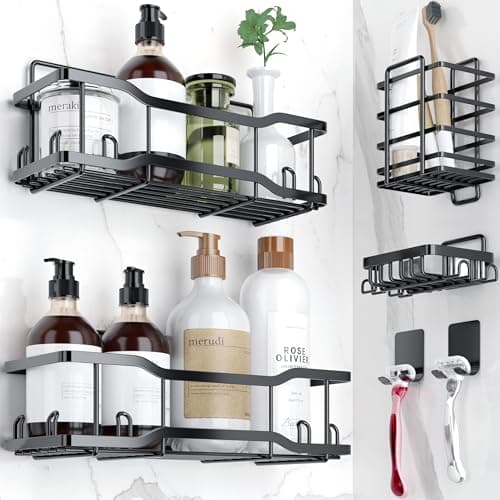 Athena Silken Black 4 Set No-Drill Rustproof Shower Caddy, 40LB Capacity