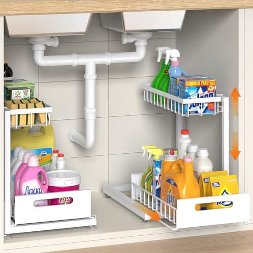 Under Sink Storage Racks 2-Tier Height Adjustable White | Kitchen & Bathroom Organizers