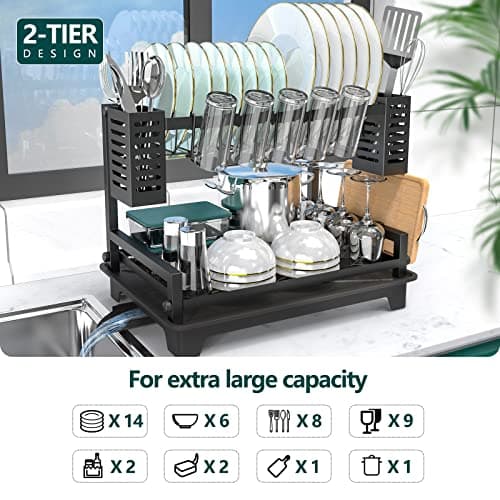 B-Land 2-Tier Kitchen Dish Drying Rack with Drainboard and Utensil Holders