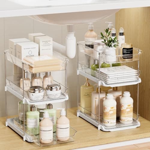 LAMU 2-Pack Bathroom & Kitchen Storage, 2-Tier Under-Sink Organizers with Drawers & Dividers