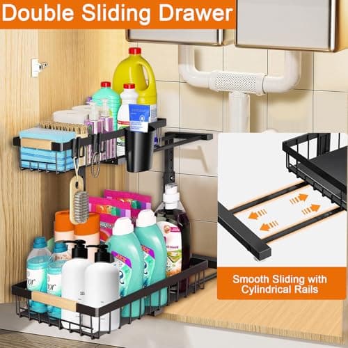 Upgraded 2-Pack 3.0 2-Tier Under Sink Organizer, Sliding Cabinet Shelf with Hooks & Cups, Rust-Resistant Black