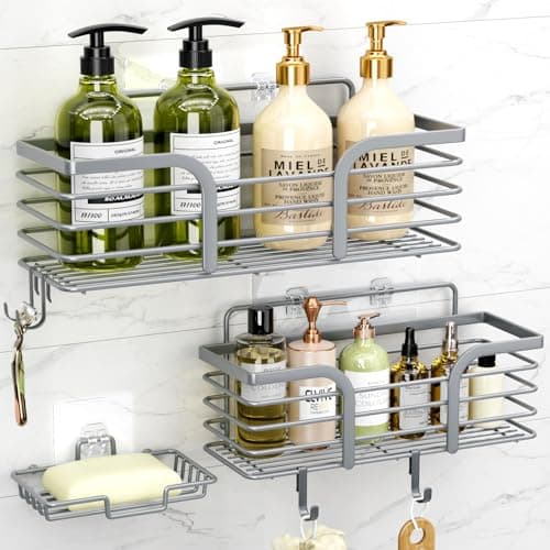 Rustproof Stainless Steel Shower Organizer, Soap Dish & 4 Hooks, Adhesive Mount No Drill Shelf Basket Accessories