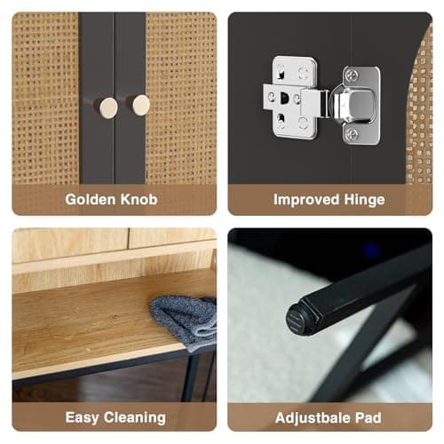Rattan Toilet Storage Cabinet with Metal Stand, Adjustable Shelf, Freestanding Washer Shelf, Space Saver, Natural Style - Black