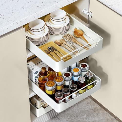 Pull Out Cabinet Organizer with Adhesive Nano Film - Heavy Duty Sliding Drawer Shelf for Kitchen and Home