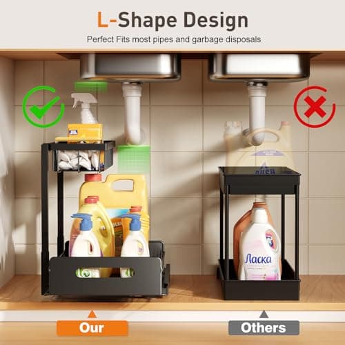 2 Pack Under Sink Metal Cabinet Organizer Shelf with Sliding Drawer, Kitchen & Bathroom Storage