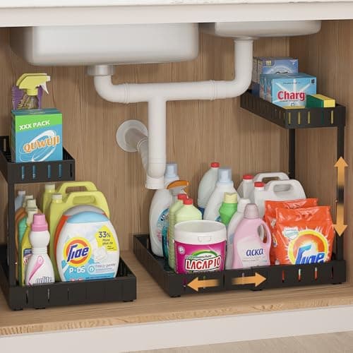 REALINN 2 Tier Expandable Under Sink Organizer, Adjustable & Black, 2 Pack