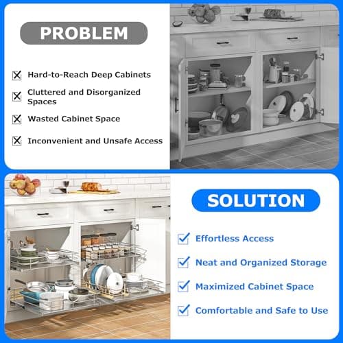 WelFurGeer 2-Tier Stainless Steel Cabinet Organizer with Soft Close Slides and Chrome Wire Basket