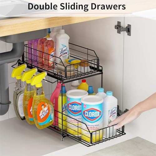 SUEH DESIGN 2 Tier Under Sink Organizer with Hanging Rail for Kitchen & Bathroom