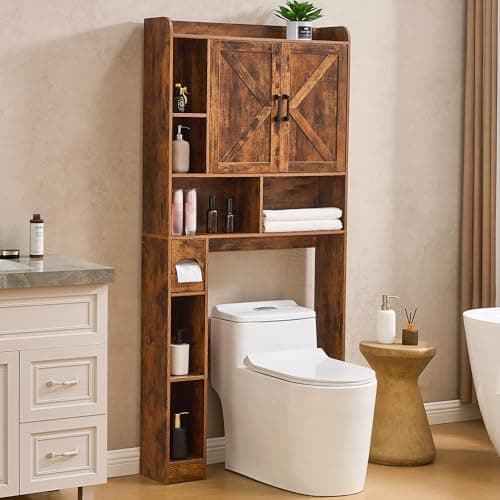 Brown Farmhouse Storage Cabinet Over Toilet with 2 Barn Doors
