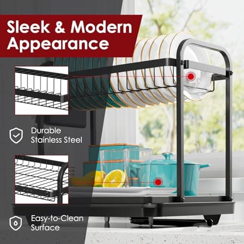 Stainless Steel 2-Tier Dish Drying Rack with Drainboard and Cutlery Holder for Kitchen Counter - Large, Black