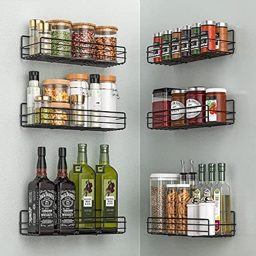 Moforoco Wall-Mount Spice Rack Organizer (6-Pack) - Black Pantry Shelves for Farmhouse Kitchen Decor