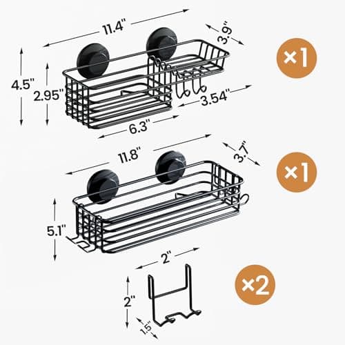 Leverloc No-Drilling Rustproof Black Bathroom Shower Caddy & Hooks, 2 Pack