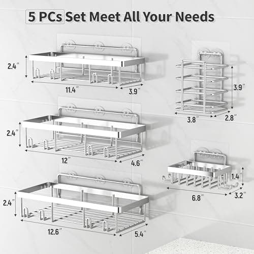 5 Pack Rustproof Stainless Steel Shower Caddy Organizer, Silver