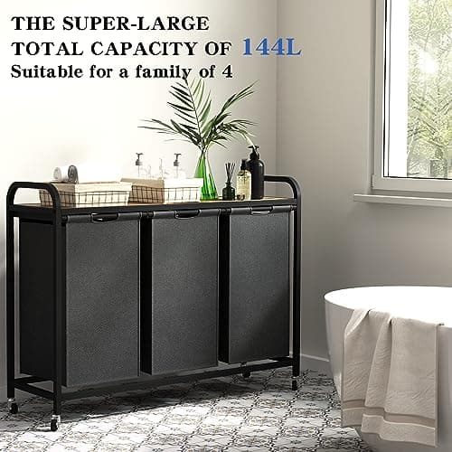 3-Section Rolling Laundry Hamper, B-BLACK, 144L Capacity