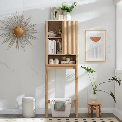 RedLemon Curved Profile Toilet Cabinet, 68" Tall, Faux Marble Top, Adjustable Shelf, Natural Oak