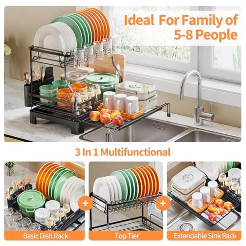 Expandable 2-Tier Dish Rack with Drainboard & Cup Holder for Kitchen Counter, Black