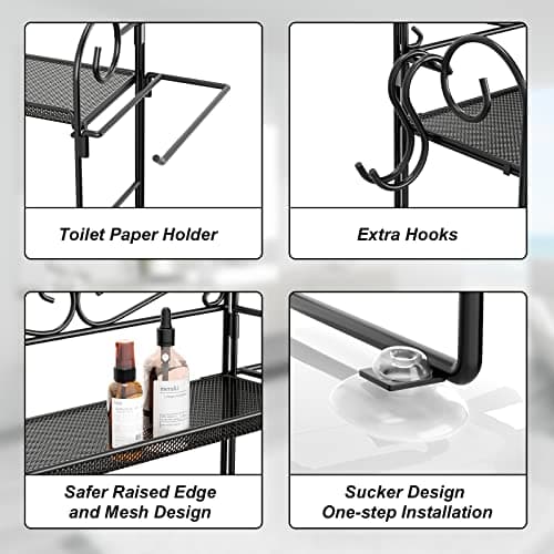 2 Tier Black Over Toilet Storage Organizer Shelf with Hooks and Paper Holder