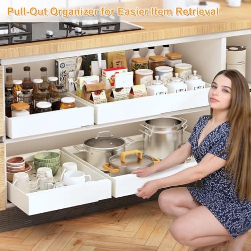Expandable Pull Out Cabinet Organizer with 3 Rails, White - 1Pc