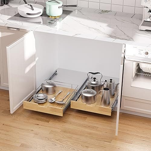 Heavy-Duty Wood and Wire Basket Pull Out Cabinet Organizer for Kitchen Pantry bathroom (14x21in)