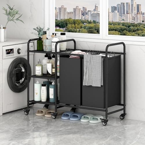 LINZINAR 2 Bag Laundry Basket Sorter with Storage Shelf, Black